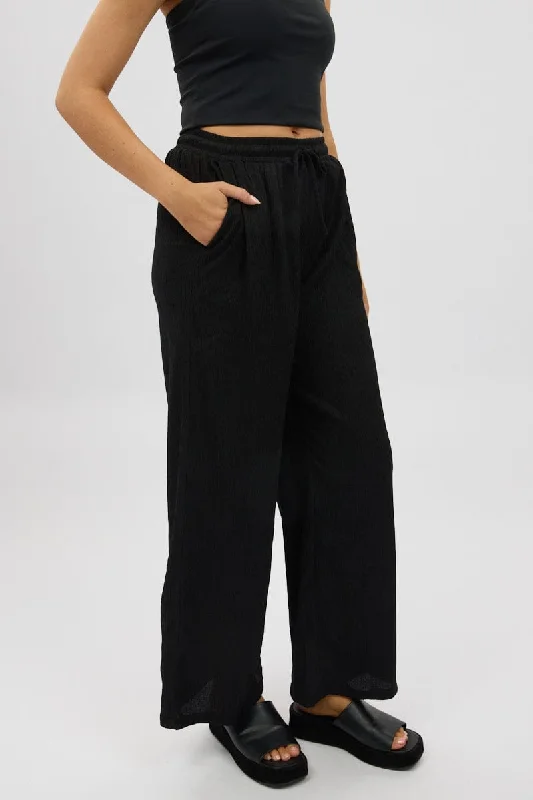 Black Wide Leg Pants Elasticated Waist Trendy High-Waist Trousers