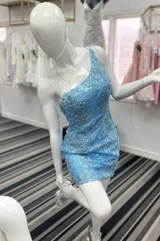 Blue Appliques One-Shoulder Backless Short Party Dress Square Neckline Feminine