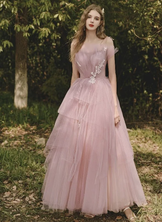 Beautiful Pink Tulle Long Formal Gown Sweet 16 Dress, Pink Lovely Party Dresses Satin Halter Glamorous