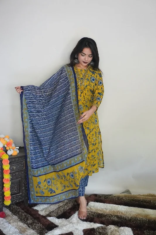 Women's Mustard Rayon Printed Kurta With Pant And Duppata Set - Dwija Fashion Stylish Slim Trousers