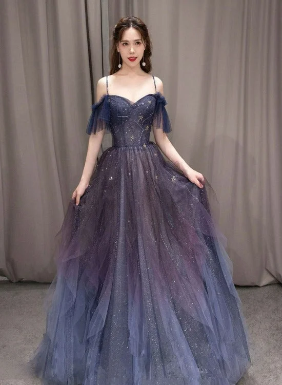 Beautiful Gradient Straps Beaded Tulle Long Formal Dress, Party Dress Long Evening Dresses Lace Sexy Club