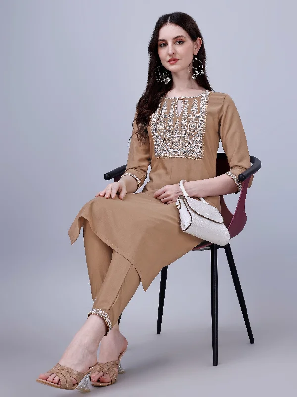 Women's Silk Blend Embroidered Kurti And Pant Set (Brown) - Modestouze Attires Cozy Maternity Pants
