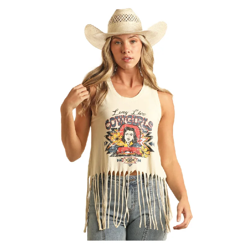 BW20T04016 Rock & Roll Women's Long Live Cowgirls Fringe Tank Top - Eggshell fashionable tank top