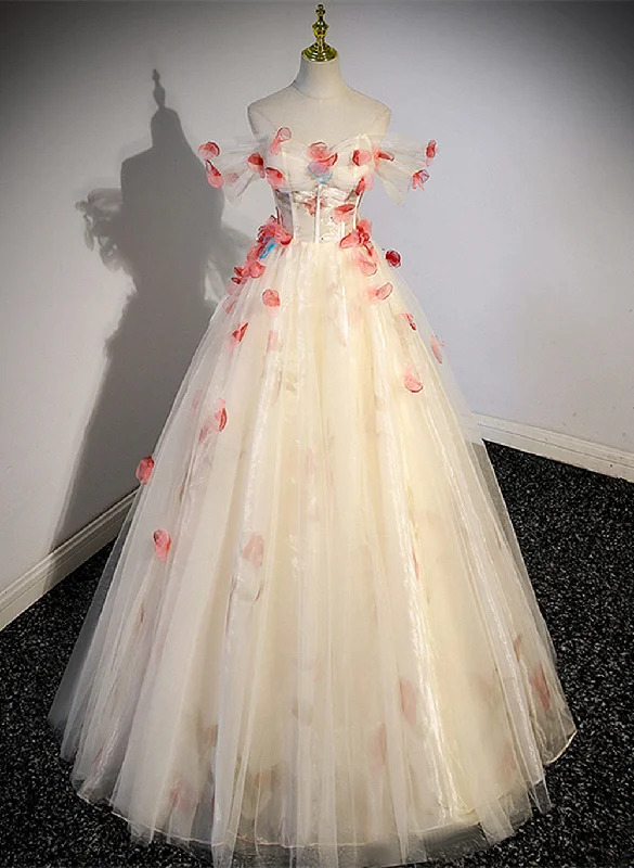 Lovely Flowers Light Champagne Tulle Long Formal Dress, Tulle A-line Prom Dress Party Dress Tunics Trousers formal