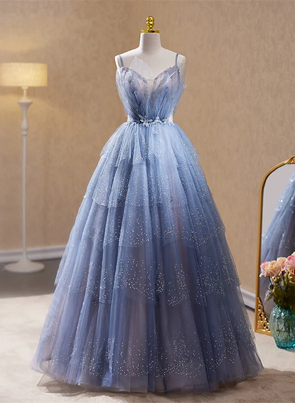 Blue Straps Beaded V-neckline Party Dress, Blue Tulle Formal Dress Evening Dress A-Line Day Work