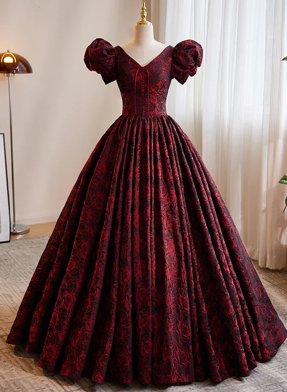 Black and Red V-neckline Puffy Sleeves Length Party Dress, Lace Long Prom Dress Shift Classic Vintage