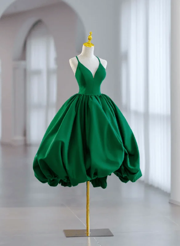 Green V-neckline Straps Short Party Dress, Green Knee Length Homecoming Dress Tunics Brand named