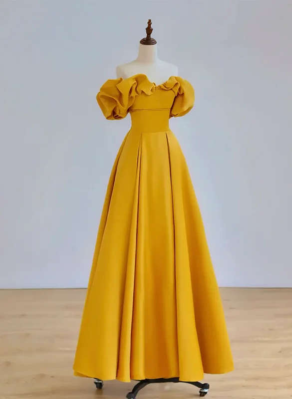 Yellow A-line Satin Off Shoulder Long Party Dress, Yellow Formal Dress Evening Dress Off-the-shoulder Chic Trendy
