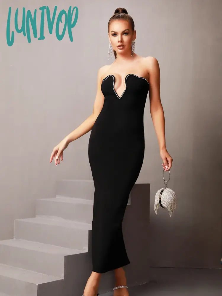 Lunivop Chic Summer Sexy Strapless Diamonds Crystal Black Maxi Long Women Bodycon Bandage Dress  Elegant Evening Club Party Dress Tunics Chic fashionable