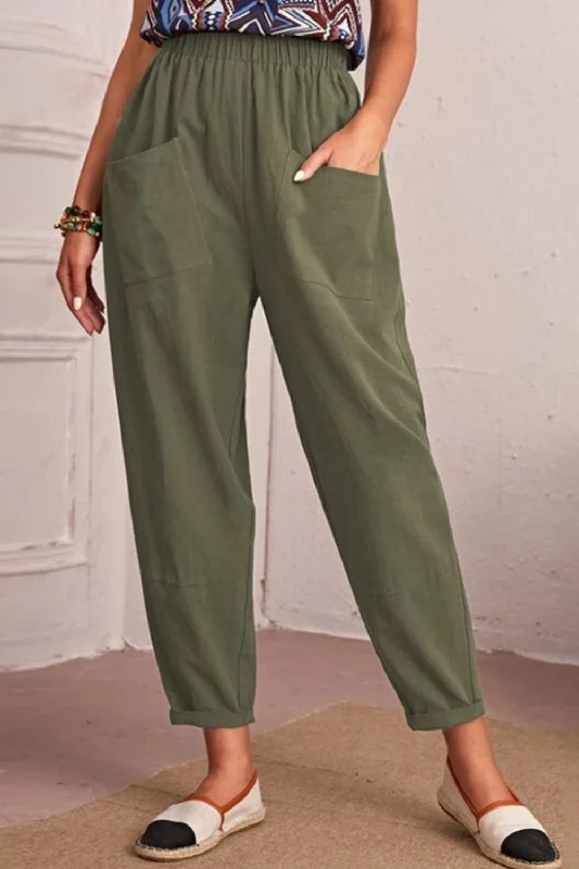 Elastic Waist Pocket Tapered Pants Formal Wide-Leg Pants