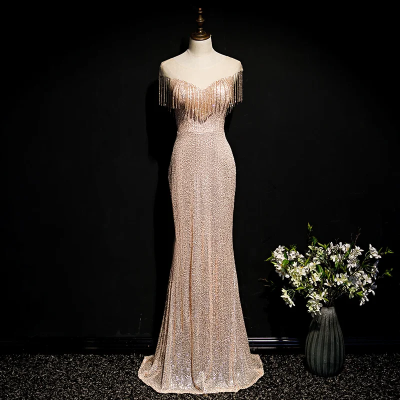 Champagne Sequins O-neck Tassel Mermaid Backless Formal Party Dress,DP1157 Tunics Versatile stylish