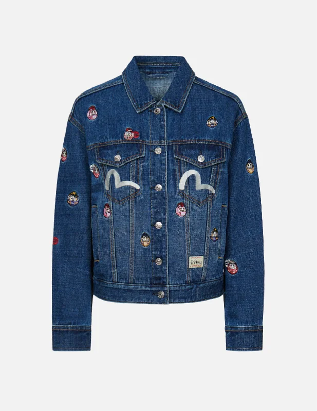 Allover Daruma Embroidered Denim Jacket Fleece Jacket Down Jacket Parka