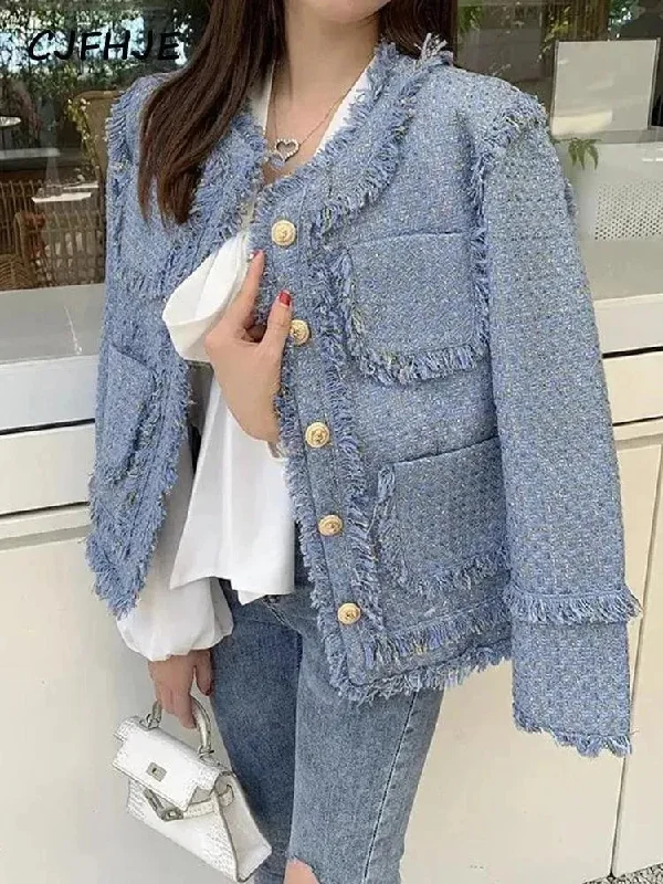Elegant Blue Tassel Tweed Jacket Women Front Pockets Side Pockets Patch Pockets