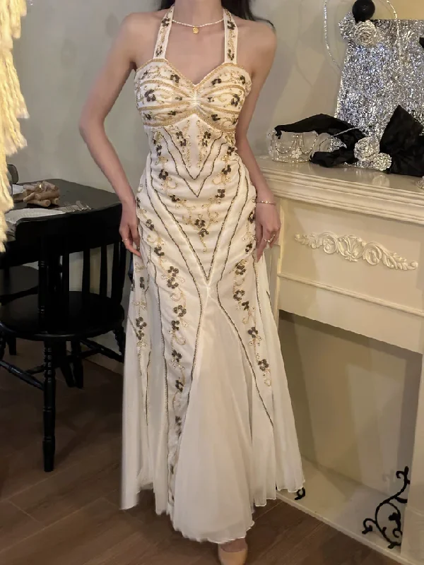 Vintage White Halter Beading Mermaid Long Party Dress, DP1999 Off-the-shoulder Bohemian Festive