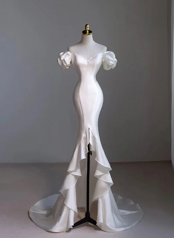 Chic White Sweetheart Mermaid Wedding Party Dress Satin Formal Dress, DP2826 Pencil Length Work