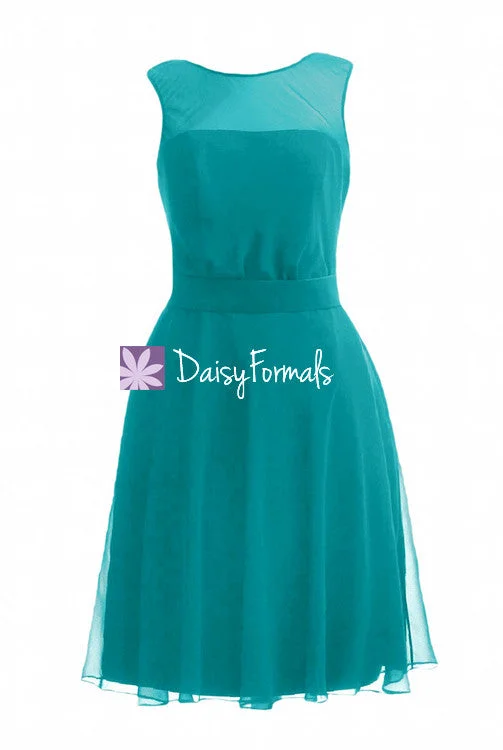 Backless Illusion Neckline Party Gown Cyan Wedding Party Dress Knee Length Dress (BM4090) Tunics Yoga stretchy