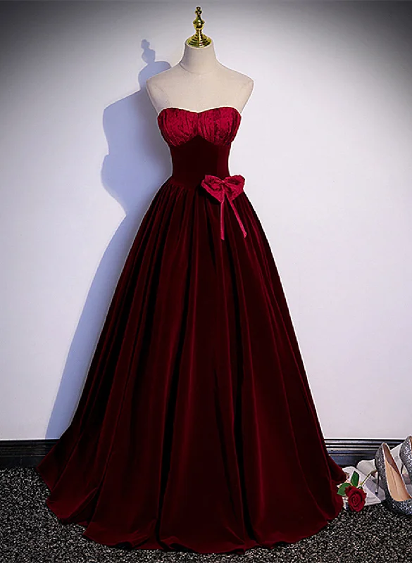 Wine Red Sweetheart Velvet Long Party Dress, A-line Wine Red Prom Dress Tunics Polka dots