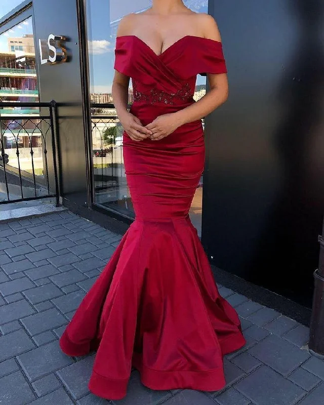 Elegant Burgundy Off Shoulder Mermaid Formal Party Dress, DP2108 Tunics Timeless classic