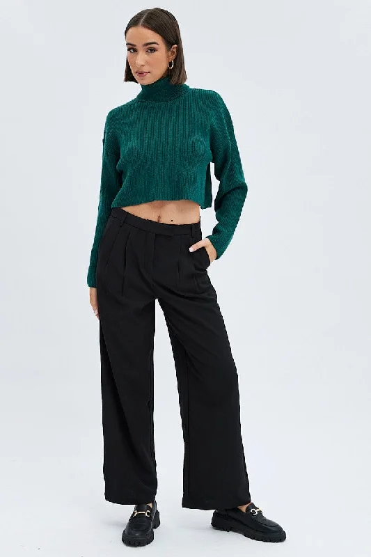 Black Wide Leg Pants Turn Down Waist Low Rise Formal Stretch Pants