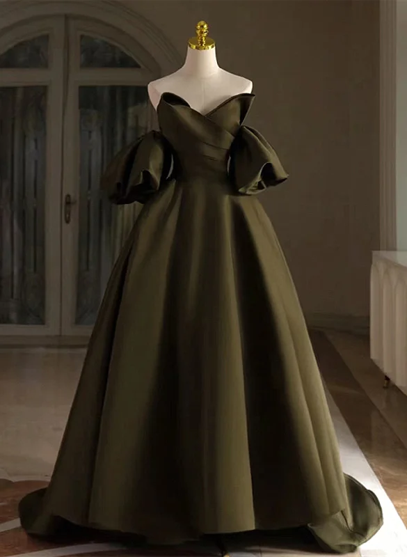 Green Satin Off Shoulder Short Sleeves Party Dress, Long Green Satin Prom Dress Tunics Cozy soft