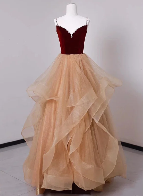 Champagne Tulle and Velvet Low Back Beaded Prom Dress, Long Party Dress Tunics Cozy soft
