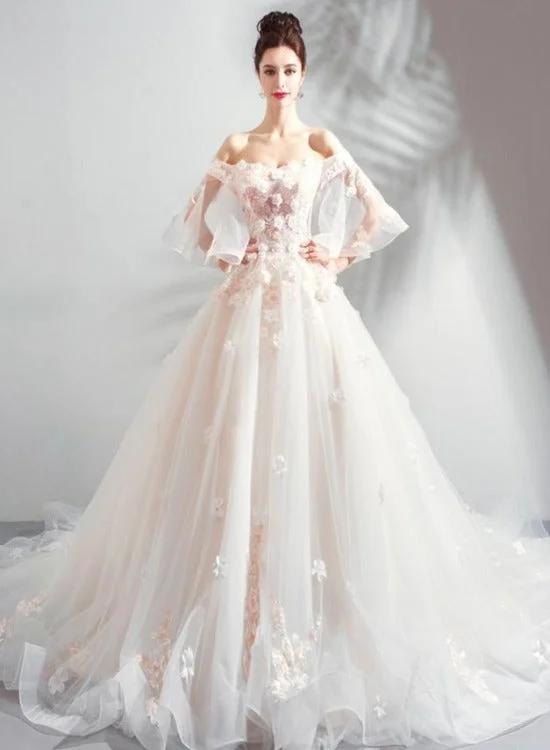 Ivory Tulle Ball Gown Sweetheart Flower Lace Long Evening Gown Party Dress, Ivory Quinceanera Dress Tunics Business professional