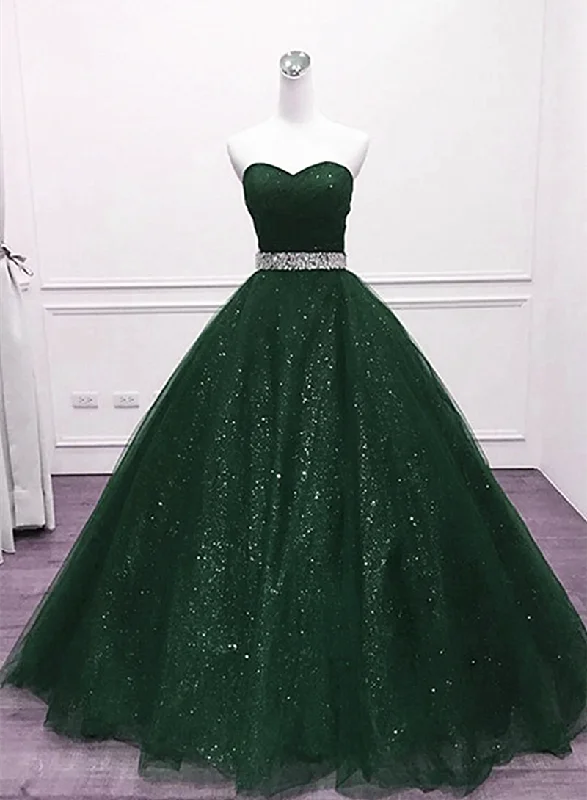 Dark Green Tulle Beaded Long Party Dress, Green Ball Gown Evening Gown Tunics Trousers formal
