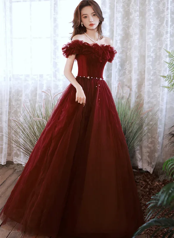 Wine Red Off Shoulder Tulle Long Party Dress, Wine Red Long Formal Dress Tunics Short Trendy