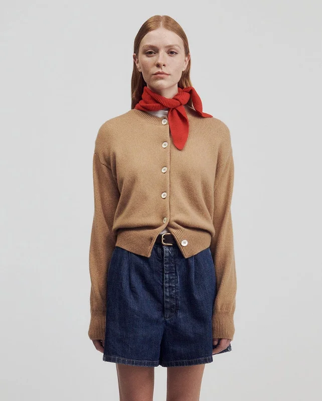 ADA CREWNECK CARDIGAN/ CAMEL Asymmetrical,ymmetric Pencil Cardigan