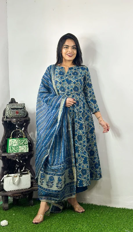 Women's Blue Rayon Printed Kurta With Pant And Duppata Set - Dwija Fashion Formal Stretch Pants