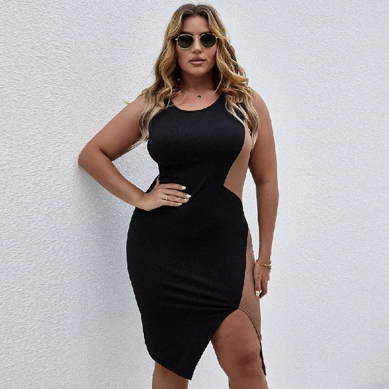 BerriesJam - 2024 Sleeveless Tank Top Casual Round Neck Plus Size Slit Dress trendy tank top