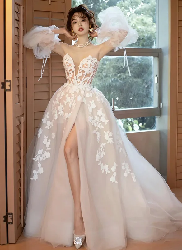 Ivory Sweetheart Tulle with Lace Long Party Dress with Leg Slit, Ivory Wedding Party Dress Tunics Formal black