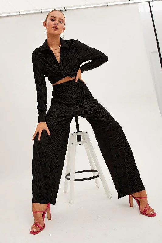 Black Plisse Pants Wide Leg Modern Stretch Trousers