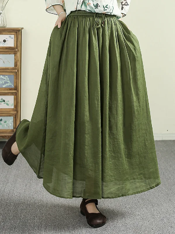 Women Summer Pure Color A-Shape 100%Ramie Skirt ribbed skirt waist