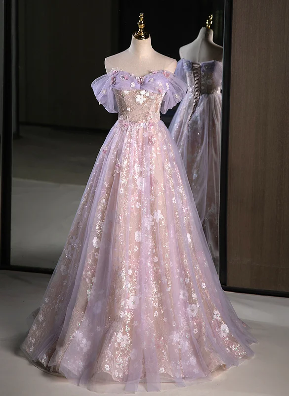 Lovely Light Purple Floral Tulle Off Shoulder Party Dress, Light Purple Tulle Prom Dress Tunics Versatile stylish