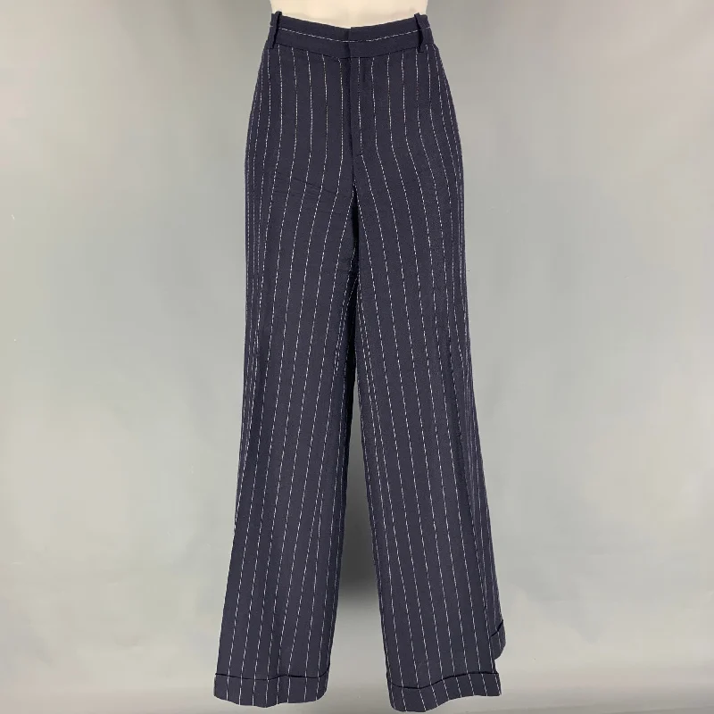 RALPH LAUREN Blue Label Size 10 Navy White Pinstripe Linen Blend Wide Leg Dress Pants Modern Bootcut Pants