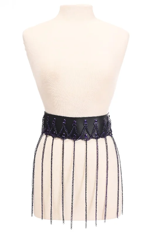 Black Faux Leather & Purple Metallic Chain Fringe Skirt corduroy skirt durable