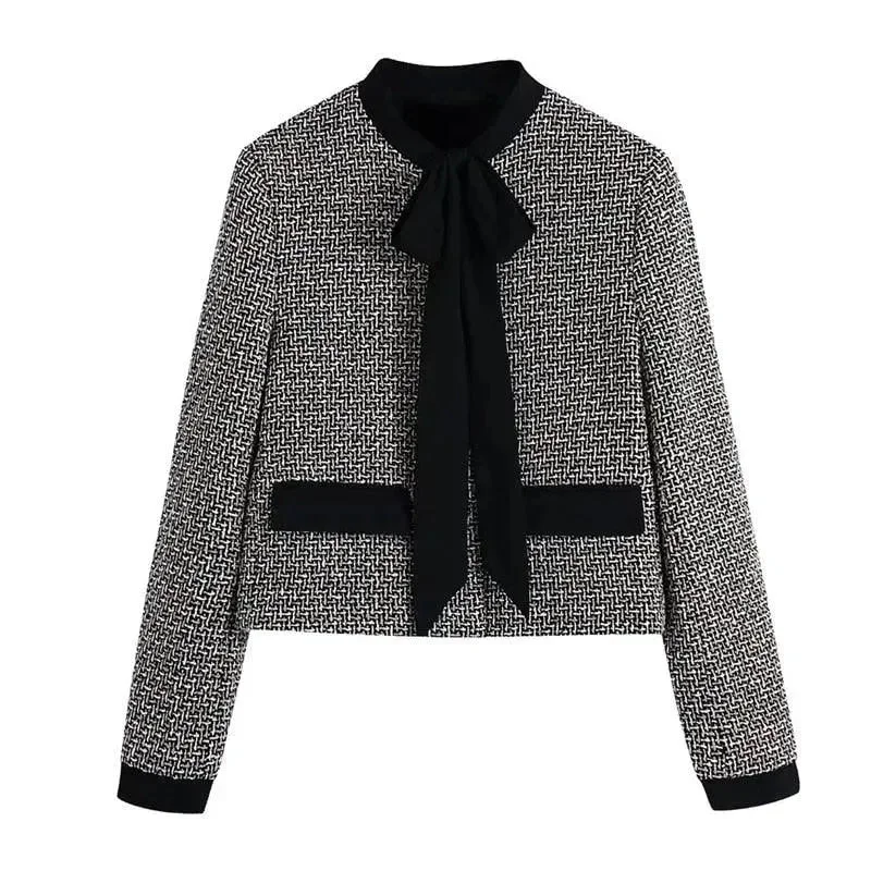 Elegant Bow Tied Women Tweed Jacket Faux Fur Fabric Real Fur Fabric Shearling Fabric