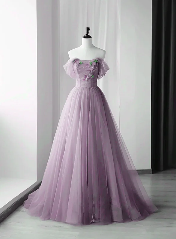 Cute Pink Tulle Sweetheart Off Shoulder Long Party Dress, A-line Tulle Prom Dresses Tunics Plaid country
