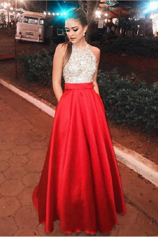 Sparkly Open Back Halter Beading Red Long Prom Dresses with Pockets Party Dresses WK403 Tunics Ceremony elegant
