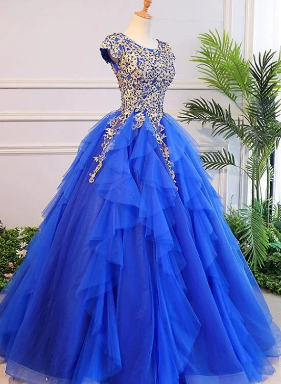 Royal Blue Cap Sleeves Long Ball Gown Party Dress, Blue Prom Dress Tunics Yoga stretchy