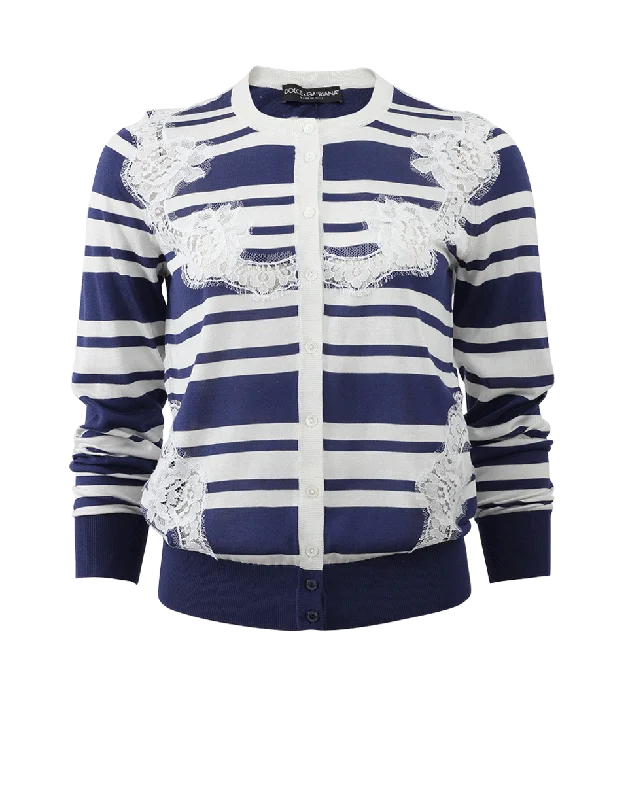 Lace Inset Stripe Cardigan Layered Multi-layer Single Layer