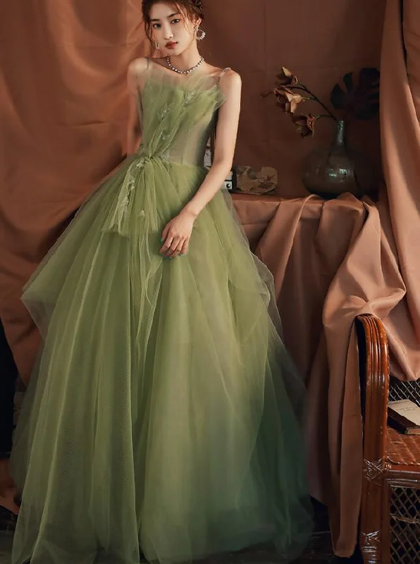 Light Green Tulle A-line Straps Formal Gown 2022, Green Evening Party Dresses High-Low Hemline Casual
