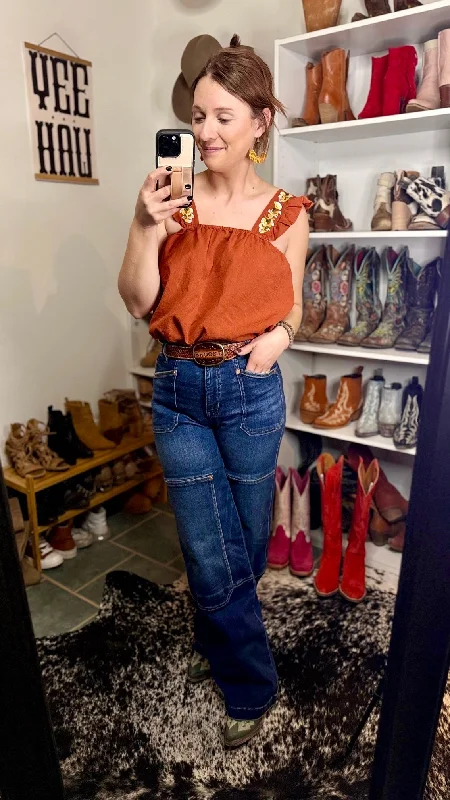 Gertrud Embroidered Ruffle Sleeve Tank Top [Rust] seamless tank top
