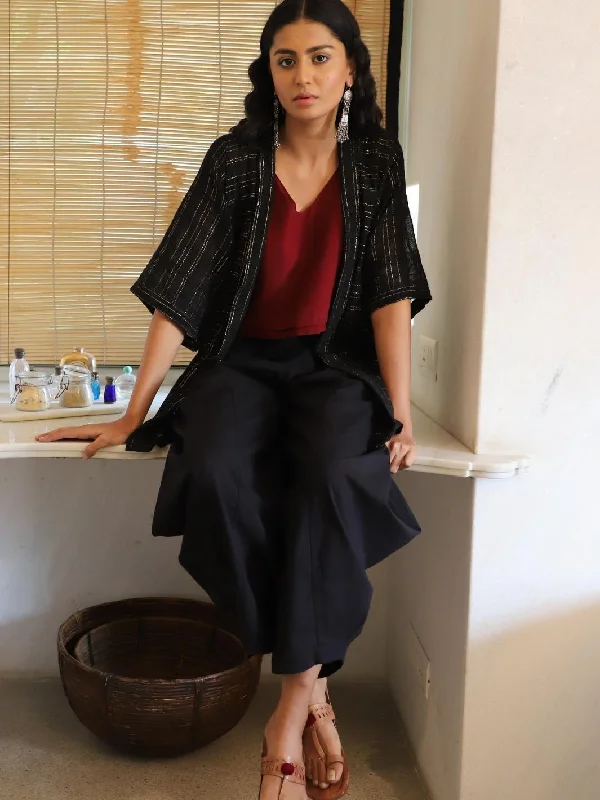 Black Cotton Lurex Fusion Set with Jacket Snapped Jacket Toggled Jacket Drawstring Jacket