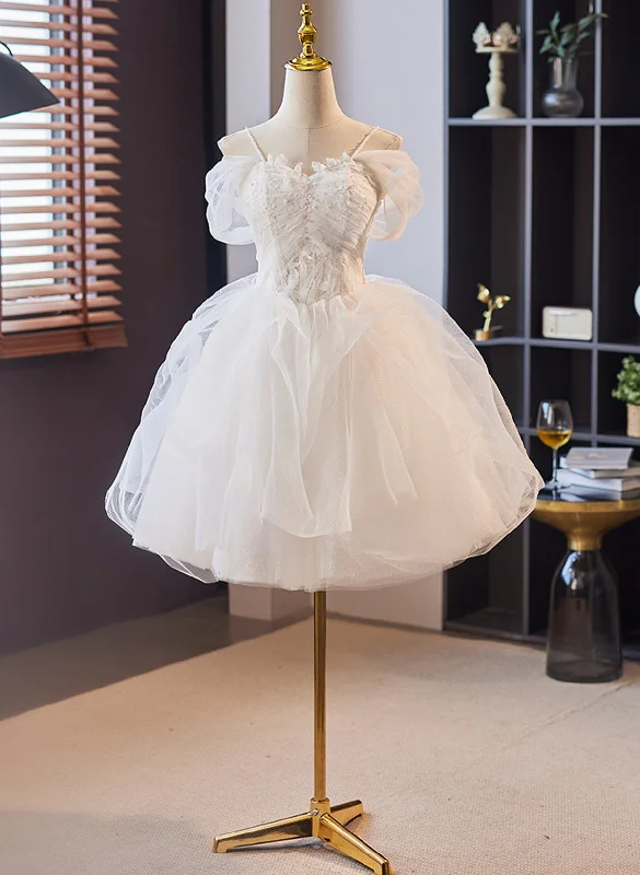 White Tulle Short Party Dress with Lace, White Straps Short Prom Dress Tunics Summer linen