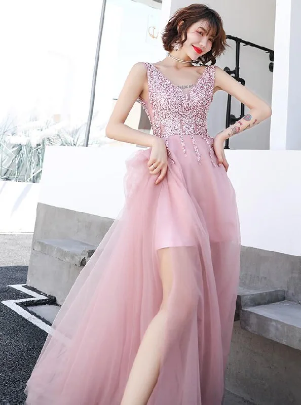 Pink Beaded V-neckline Tulle Long Party Dress, Pink Floor Length Prom Dress Boat Neckline Classic