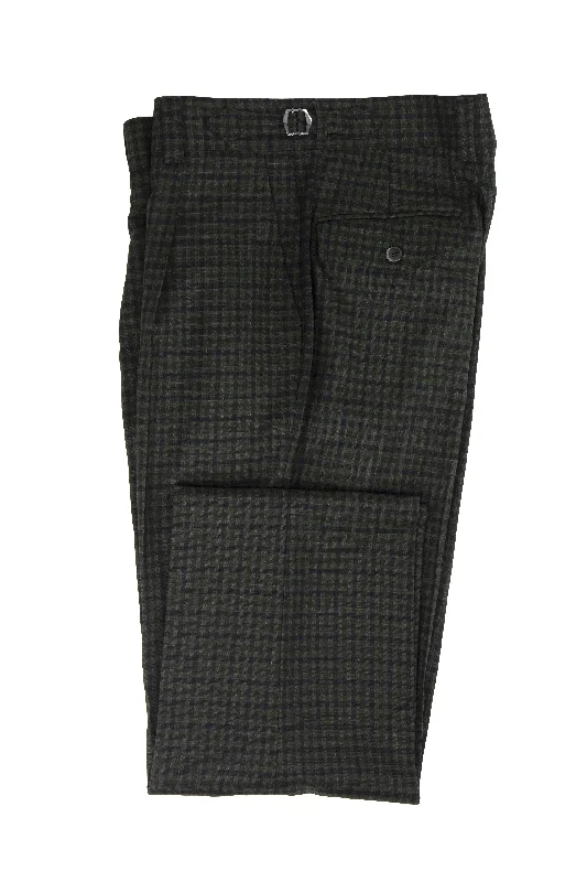 Dark Green with Navy Check Semi-Wide Leg Wool Marbella Dress Pant by Tiglio Lux Comfortable Pleated Pants