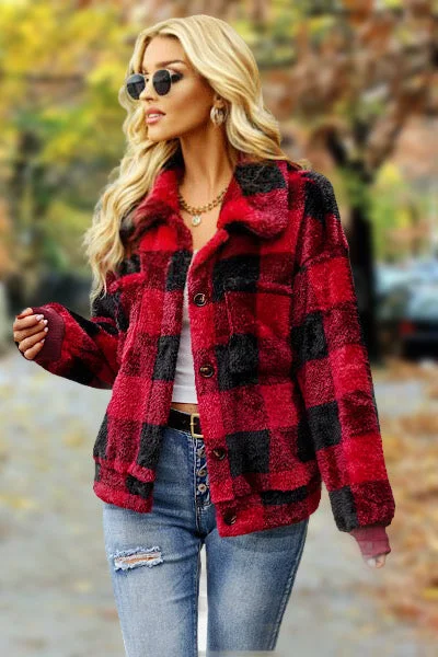 Collared Buffalo Plaid Jacket - Red Rayon Jacket Velvet Jacket Corduroy Jacket