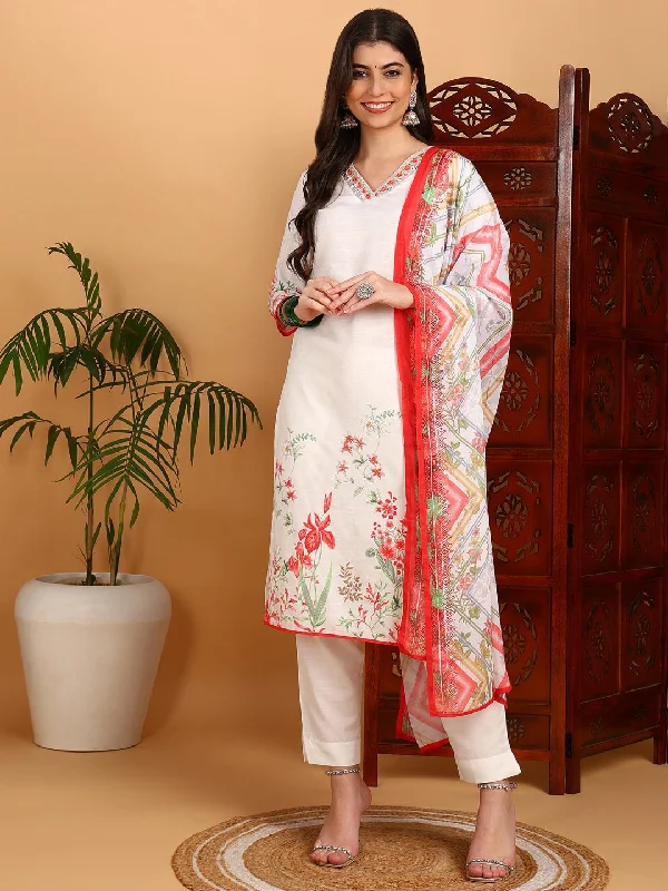 Women's White Cotton Blend Printed Straight Kurta Pant Set With Dupatta - Ahika Stretch Fit Pants